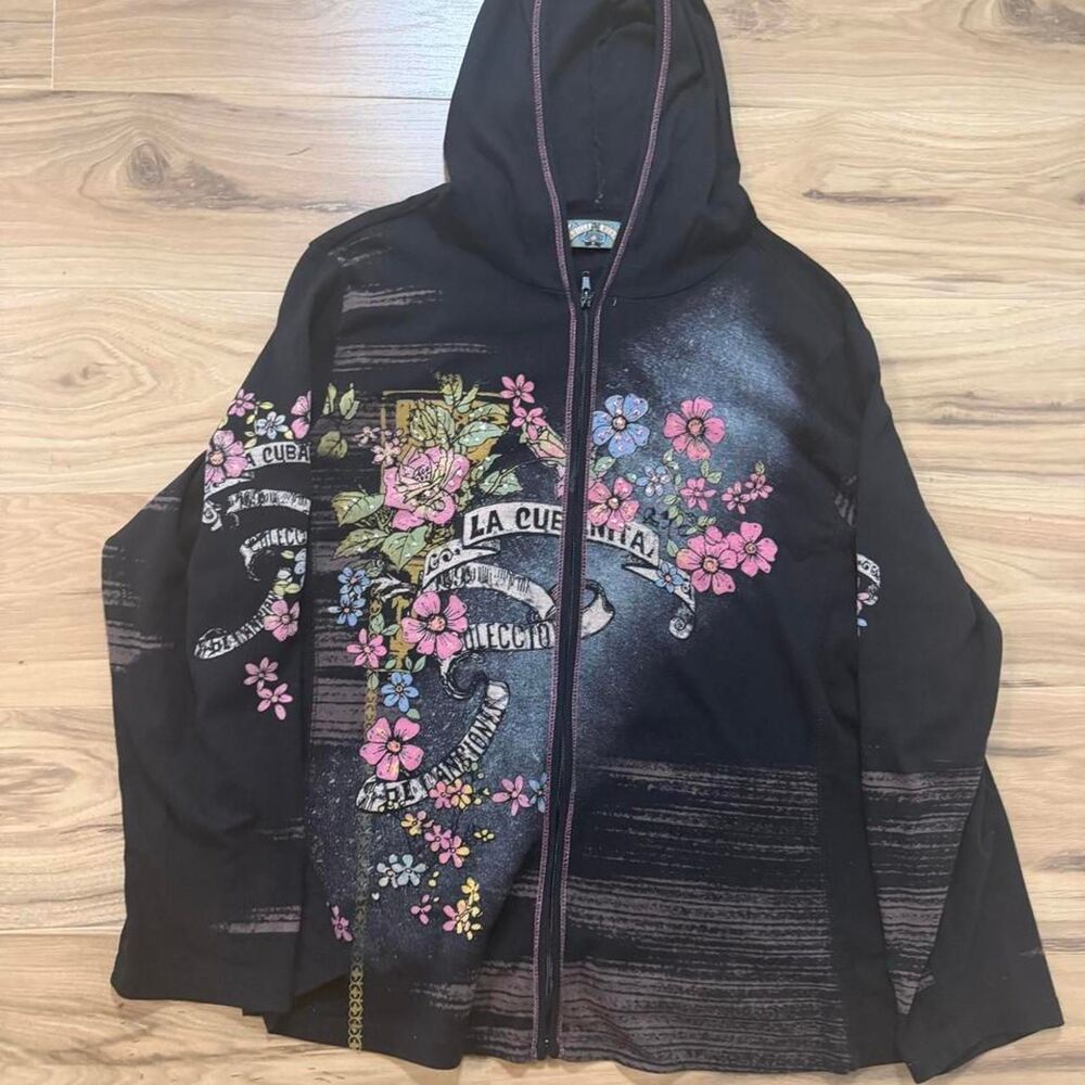 Vintage Vanilla Sugar black hoodie AOP floral print Y2K grunge goth Women’s XL